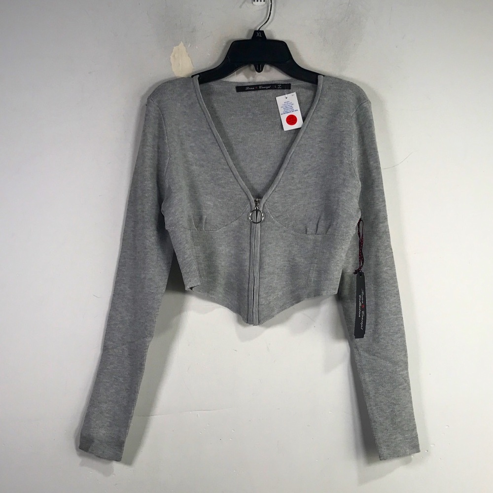 Roma Concepts Collection Long Sleeve Crop Zip Up Top, Women's Size L - H Grey